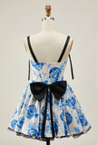 A-Line White Blue Flower Corset Homecoming Dress With Bow