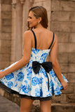 A-Line White Blue Flower Corset Homecoming Dress With Bow
