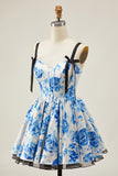 A-Line White Blue Flower Corset Homecoming Dress With Bow