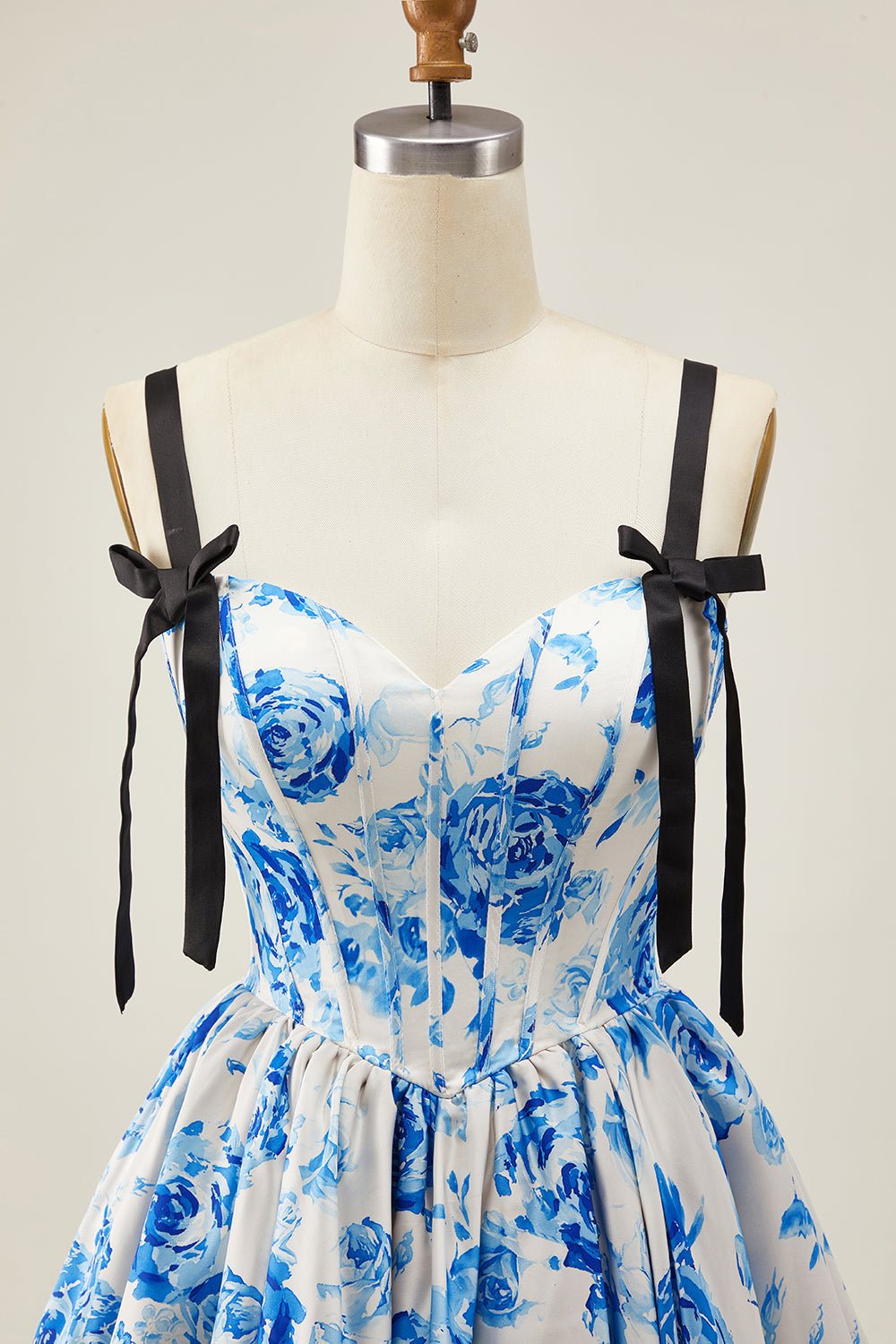 A-Line White Blue Flower Corset Homecoming Dress With Bow