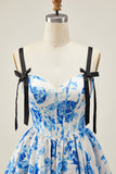 A-Line White Blue Flower Corset Homecoming Dress With Bow