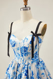 A-Line White Blue Flower Corset Homecoming Dress With Bow