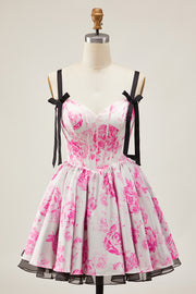 Corset A-Line White Fuchsia Flower Homecoming Dress With Bow