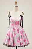 Corset A-Line White Fuchsia Flower Homecoming Dress With Bow