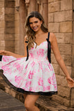 White Fuchsia Flower A-Line Corset Homecoming Dress with Bow