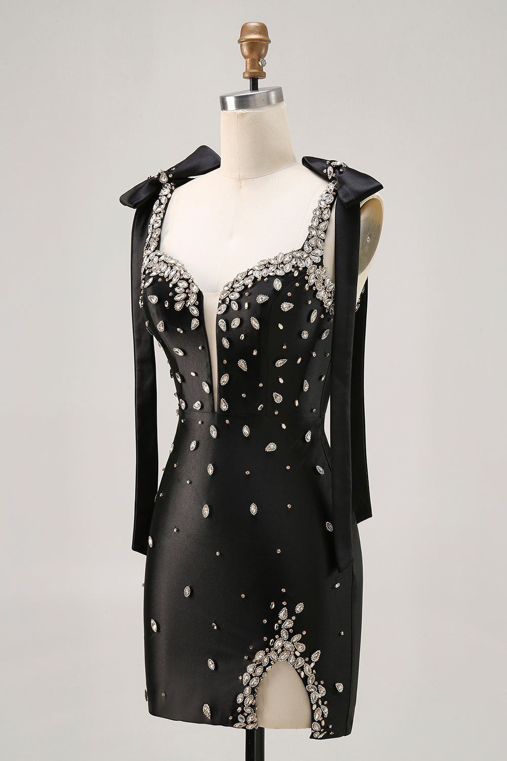 Black Rhinestone Tight Homecoming Dress with Slit
