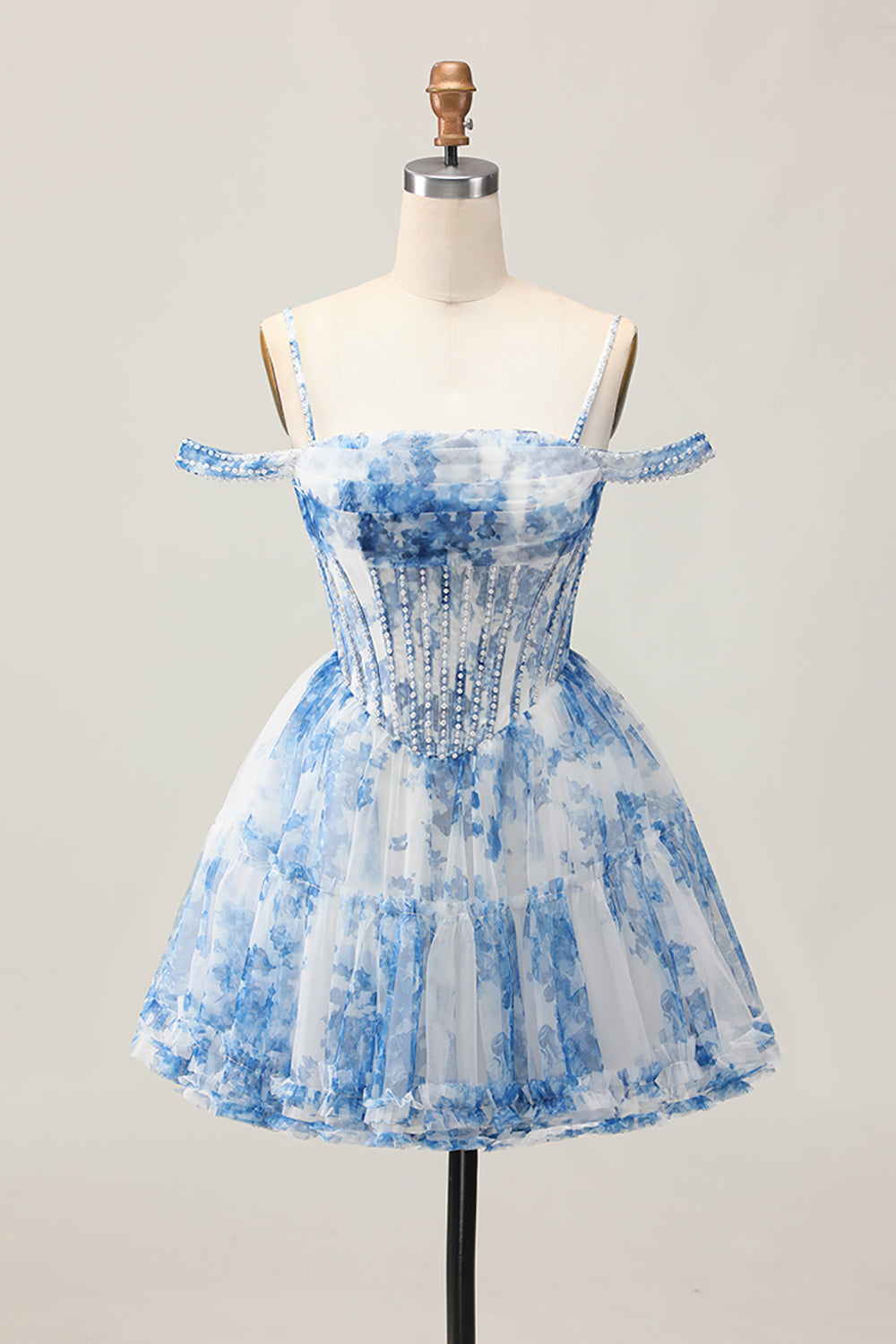White Blue Flower A-Line Cold Shoulder Printed Beaded Corset Homecoming Dress