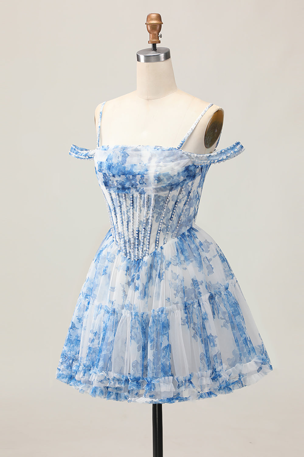 White Blue Flower A-Line Cold Shoulder Printed Beaded Corset Homecoming Dress