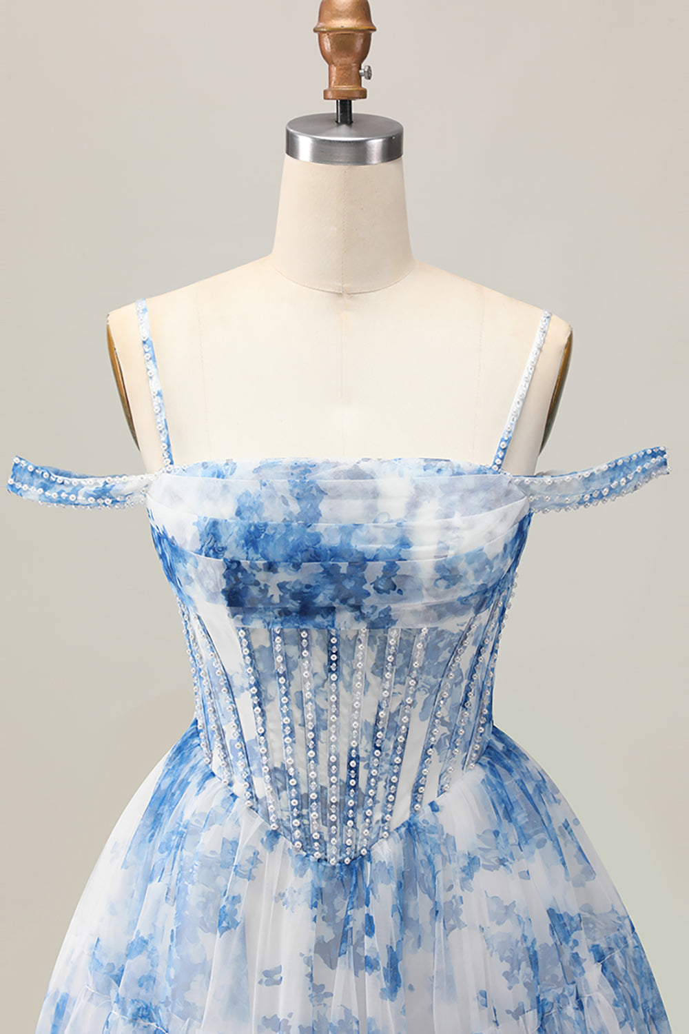 White Blue Flower A-Line Cold Shoulder Printed Beaded Corset Homecoming Dress