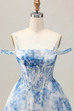 White Blue Flower A-Line Cold Shoulder Printed Beaded Corset Homecoming Dress