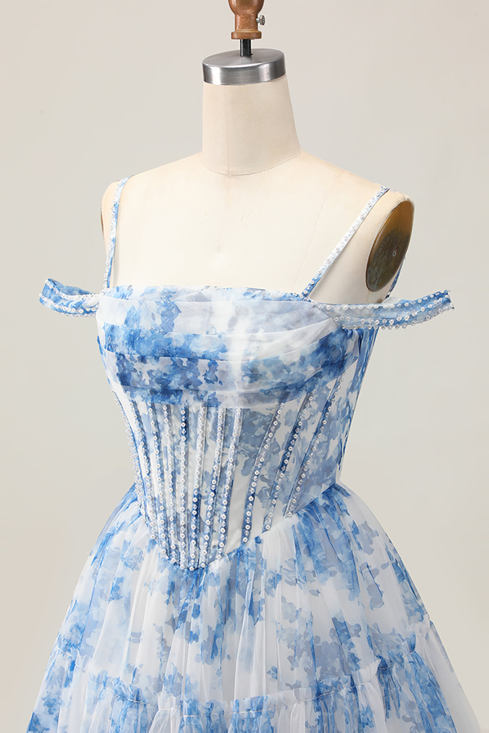 White Blue Flower A-Line Cold Shoulder Printed Beaded Corset Homecoming Dress