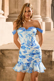 Off The Shoulder White Blue Flower Bodycon Corset Appliqued Homecoming Dress