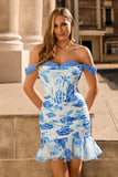 Off The Shoulder White Blue Flower Bodycon Corset Appliqued Homecoming Dress