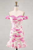 Off The Shoulder White Fuchsia Flower Bodycon Corset Appliqued Homecoming Dress