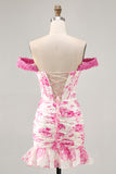 Off The Shoulder White Fuchsia Flower Bodycon Corset Appliqued Homecoming Dress