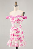 Off The Shoulder White Fuchsia Flower Bodycon Corset Appliqued Homecoming Dress
