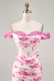 Off The Shoulder White Fuchsia Flower Bodycon Corset Appliqued Homecoming Dress