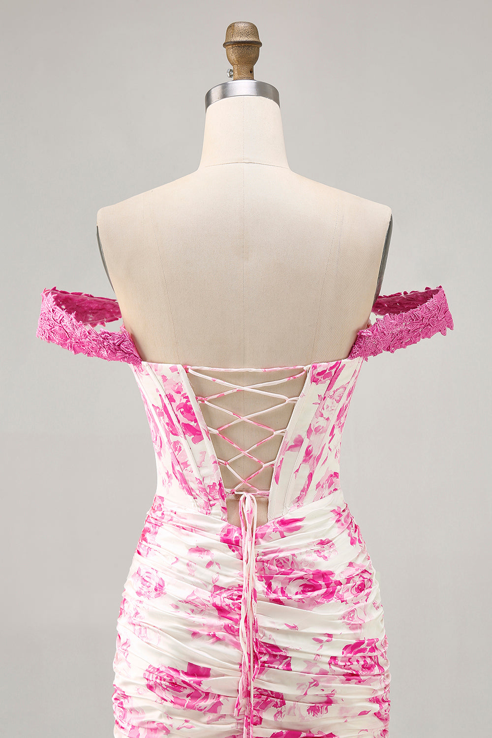 Off The Shoulder White Fuchsia Flower Bodycon Corset Appliqued Homecoming Dress