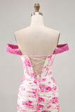 Off The Shoulder White Fuchsia Flower Bodycon Corset Appliqued Homecoming Dress