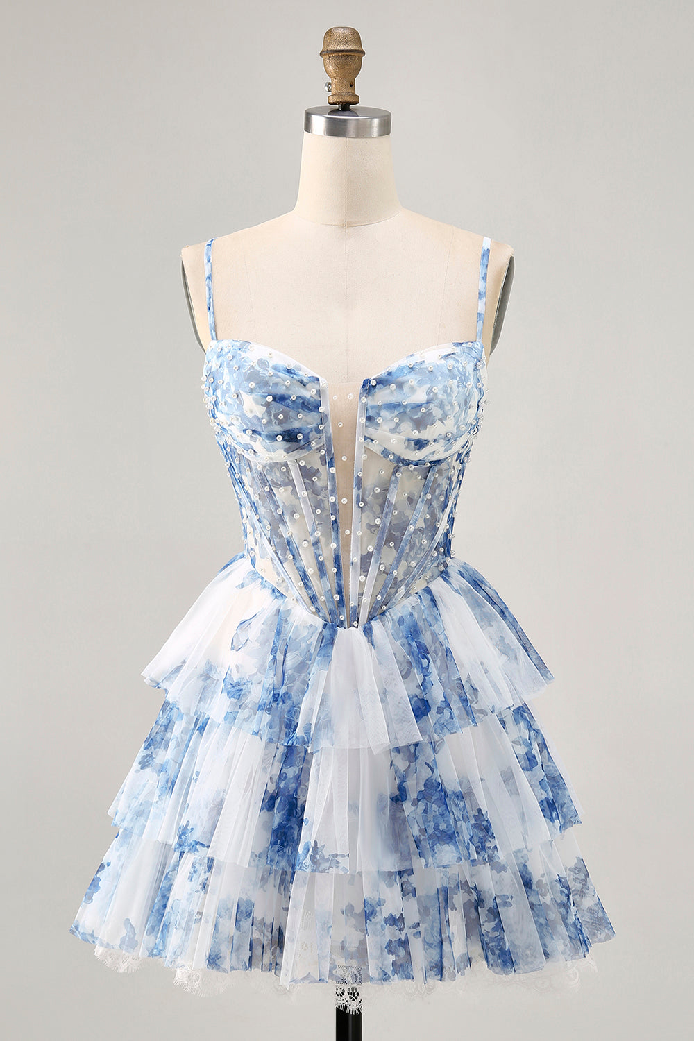 Floral White Blue A-Line Tiered Corset Homecoming Dress with Beading