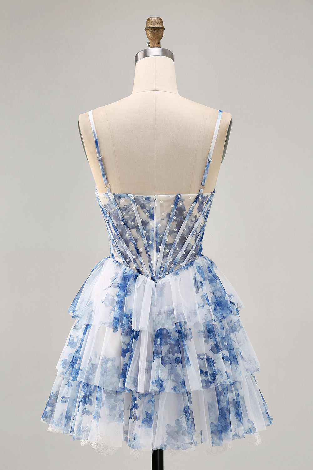 Floral White Blue A-Line Tiered Corset Homecoming Dress with Beading