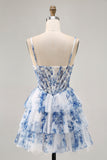 Floral White Blue A-Line Tiered Corset Homecoming Dress with Beading