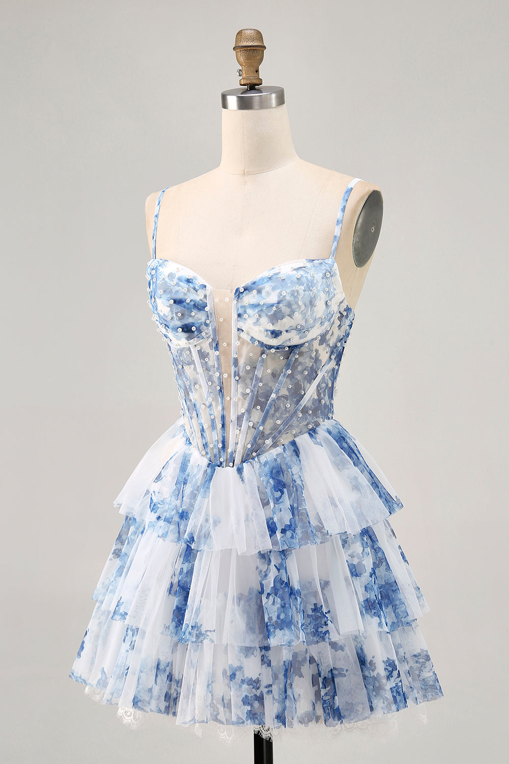 Floral White Blue A-Line Tiered Corset Homecoming Dress with Beading