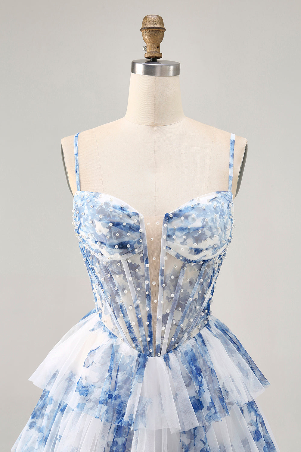 Floral White Blue A-Line Tiered Corset Homecoming Dress with Beading