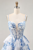 Floral White Blue A-Line Tiered Corset Homecoming Dress with Beading