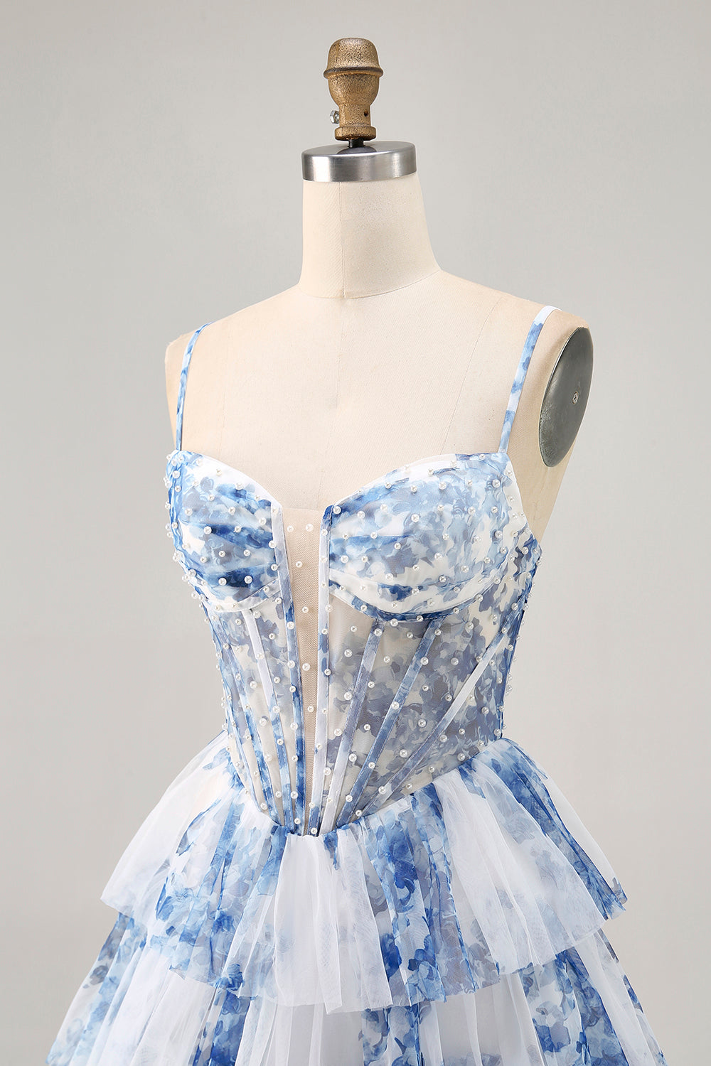 Floral White Blue A-Line Tiered Corset Homecoming Dress with Beading