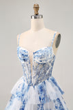 Floral White Blue A-Line Tiered Corset Homecoming Dress with Beading