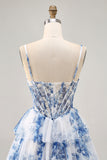 Floral White Blue A-Line Tiered Corset Homecoming Dress with Beading