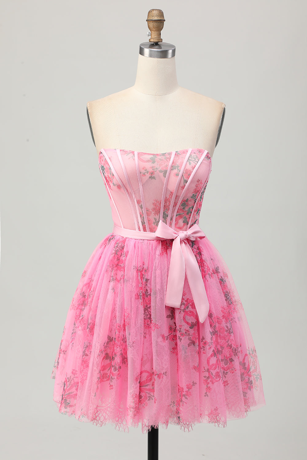 Floral Pink Strapless Corset Homecoming Dress with Bow