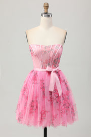 Pink Flower Corset Strapless A Line Homecoming Dress with Bow