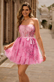 Pink Flower Corset Strapless A Line Homecoming Dress with Bow
