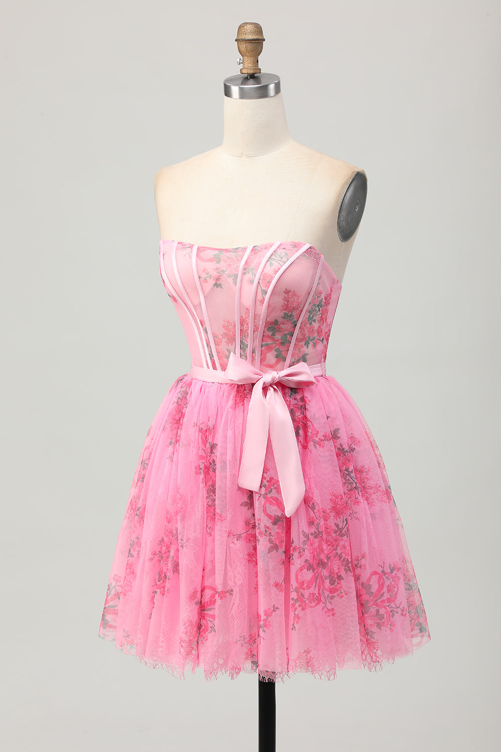 Pink Flower Corset Strapless A Line Homecoming Dress with Bow