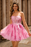 Floral Pink Strapless Corset Homecoming Dress with Bow