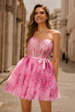 Floral Pink Strapless Corset Homecoming Dress with Bow