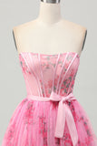 Pink Flower Corset Strapless A Line Homecoming Dress with Bow