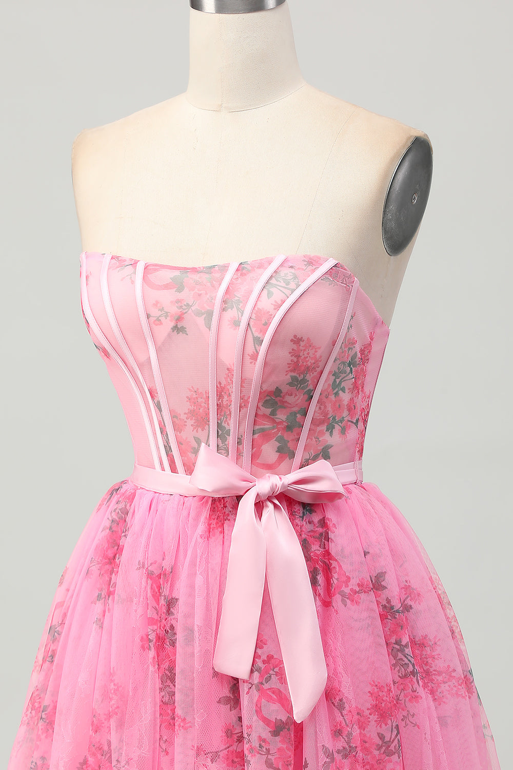 Pink Flower Corset Strapless A Line Homecoming Dress with Bow