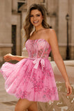 Floral Pink Strapless Corset Homecoming Dress with Bow