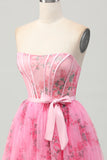 Pink Flower Corset Strapless A Line Homecoming Dress with Bow
