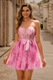 Floral Pink Strapless Corset Homecoming Dress with Bow