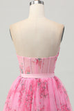 Pink Flower Corset Strapless A Line Homecoming Dress with Bow