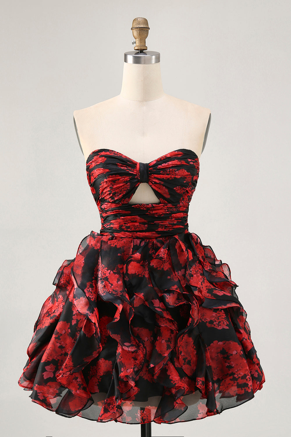 Ruffled Strapless Cut Out Printed Black Red Homecoming Dress