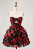 Ruffled Strapless Cut Out Printed Black Red Homecoming Dress