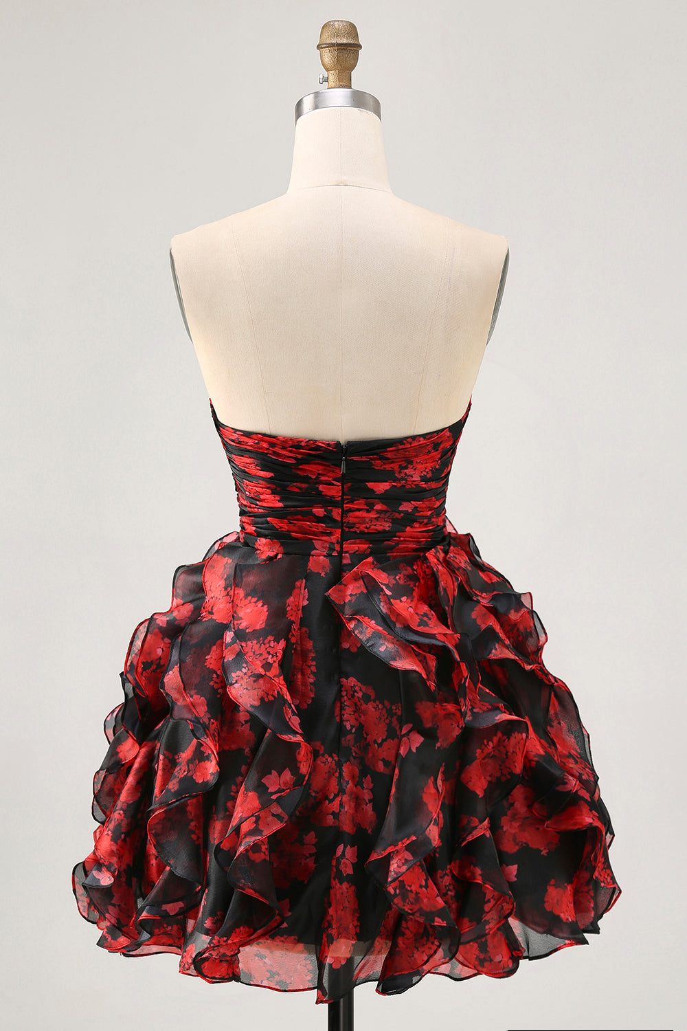 Ruffled Strapless Cut Out Printed Black Red Homecoming Dress