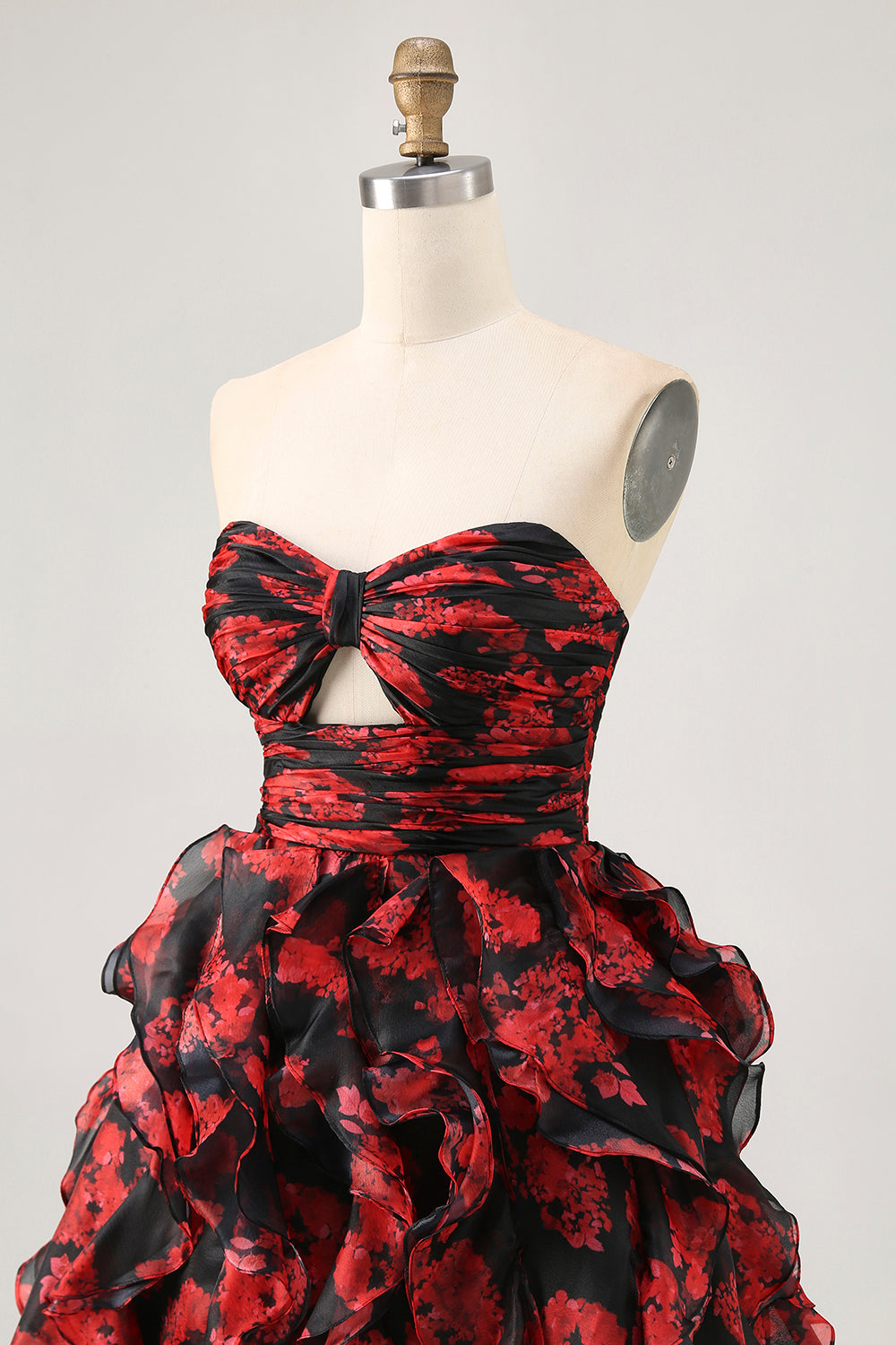Ruffled Strapless Cut Out Printed Black Red Homecoming Dress