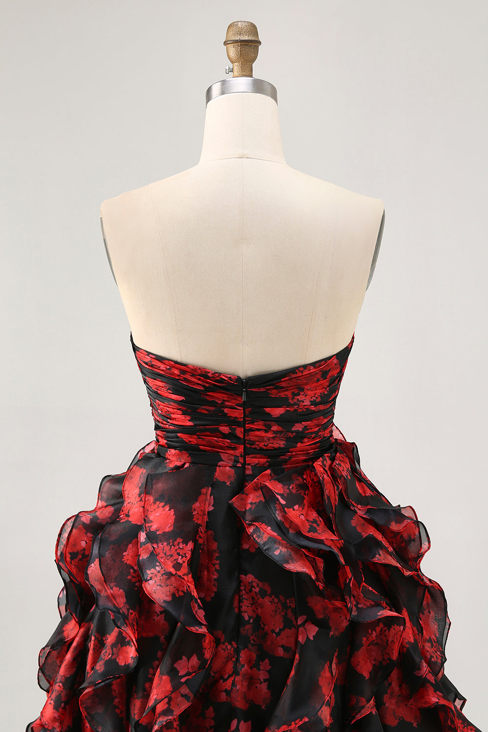 Ruffled Strapless Cut Out Printed Black Red Homecoming Dress