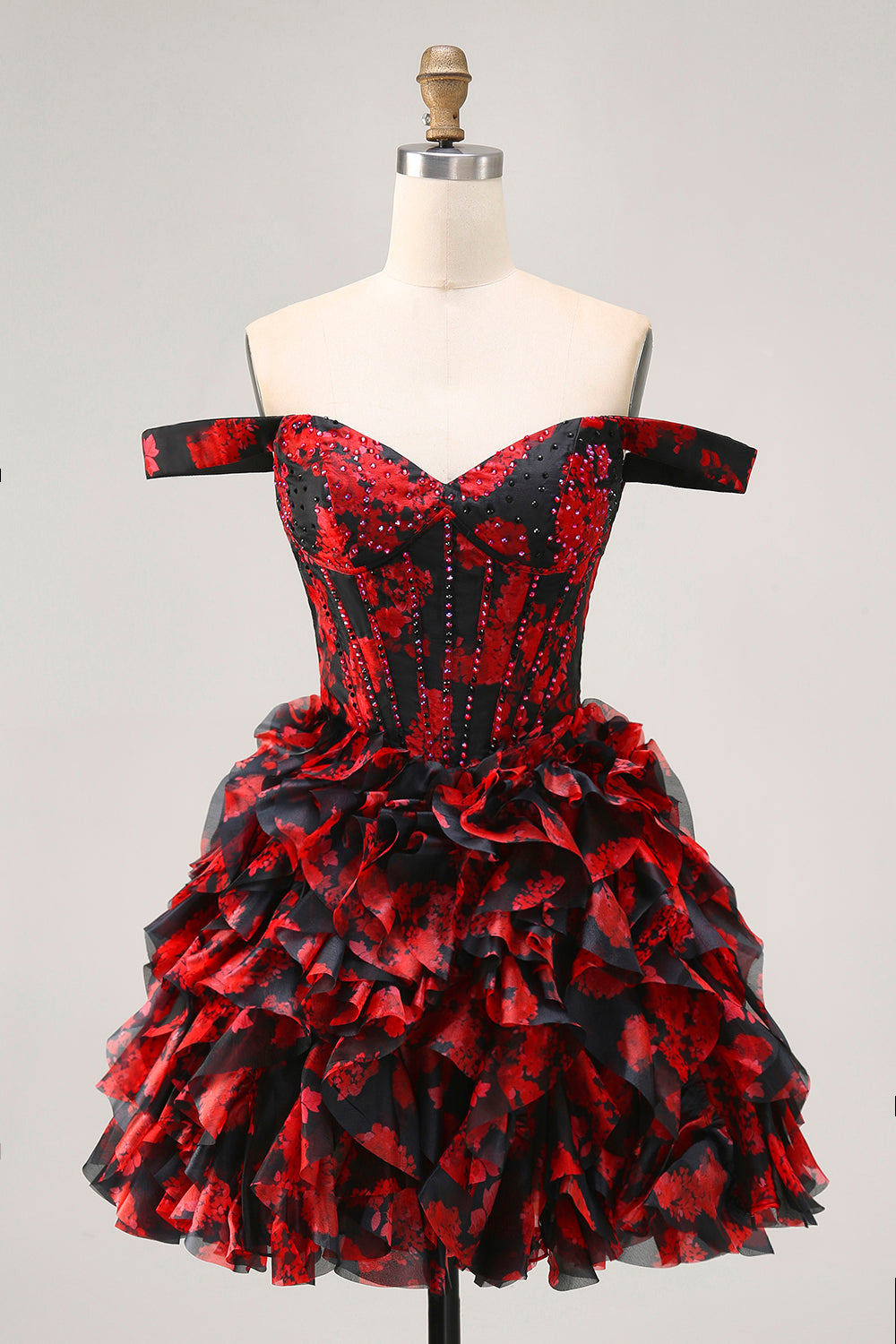 Black Red Off The Shoulder Ruffle Corset A-Line Homecoming Dress With Beading